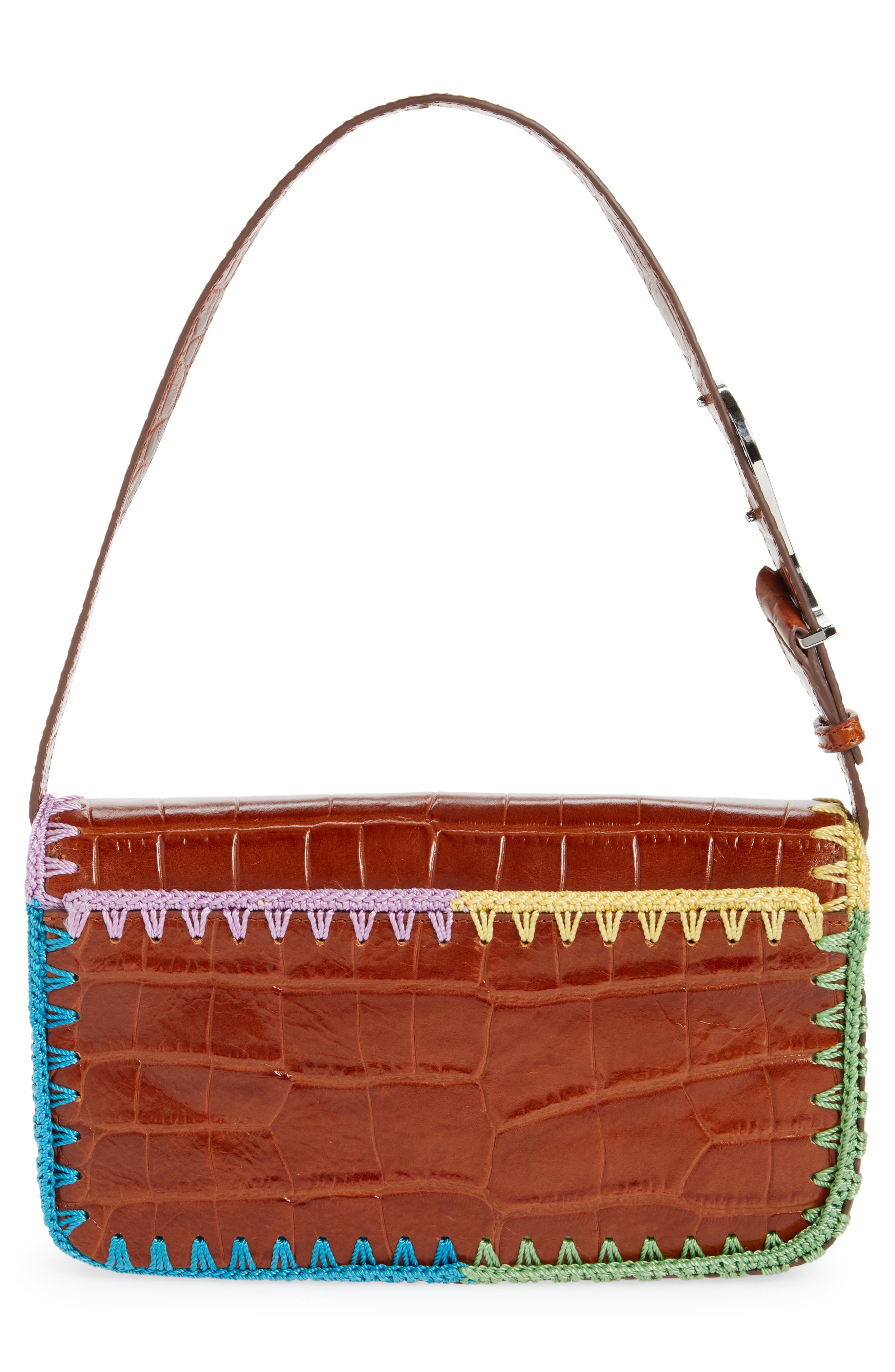 STAUD Tommy Crochet Edge Croc Embossed Leather Shoulder Bag, Alternate, color, 