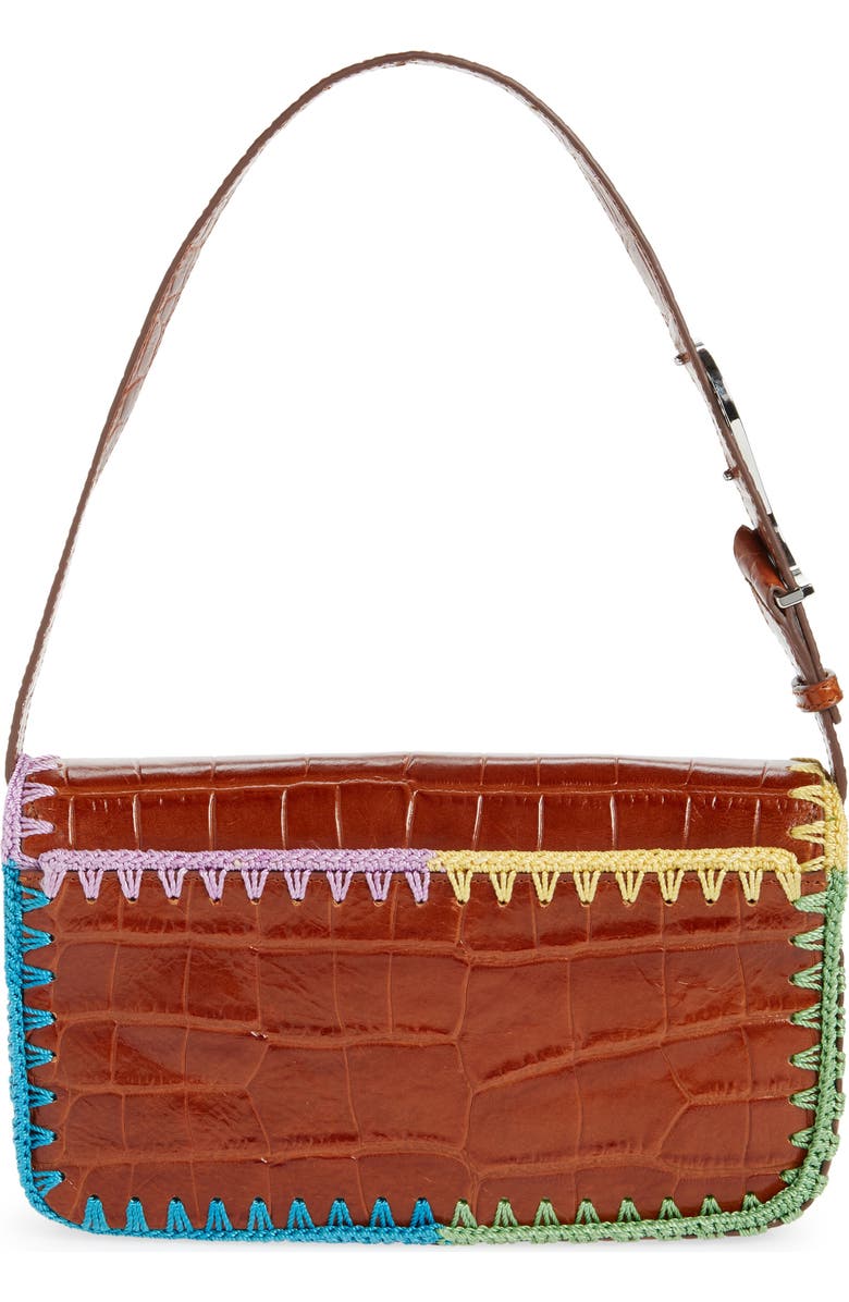 STAUD Tommy Crochet Edge Croc Embossed Leather Shoulder Bag, Alternate, color,