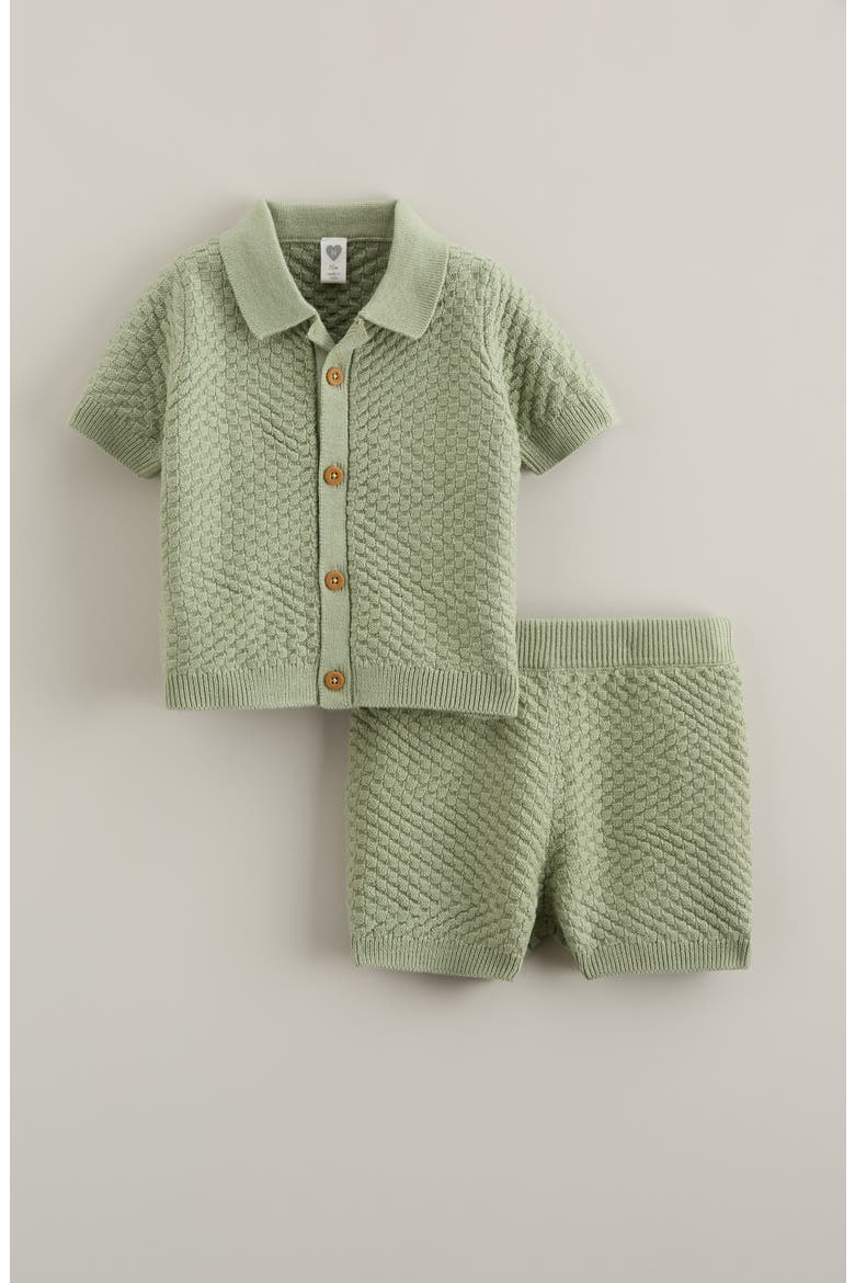 Short Sleeve Knit Button-Up Shirt & Shorts Set, Main, color, GREEN RESEDA
