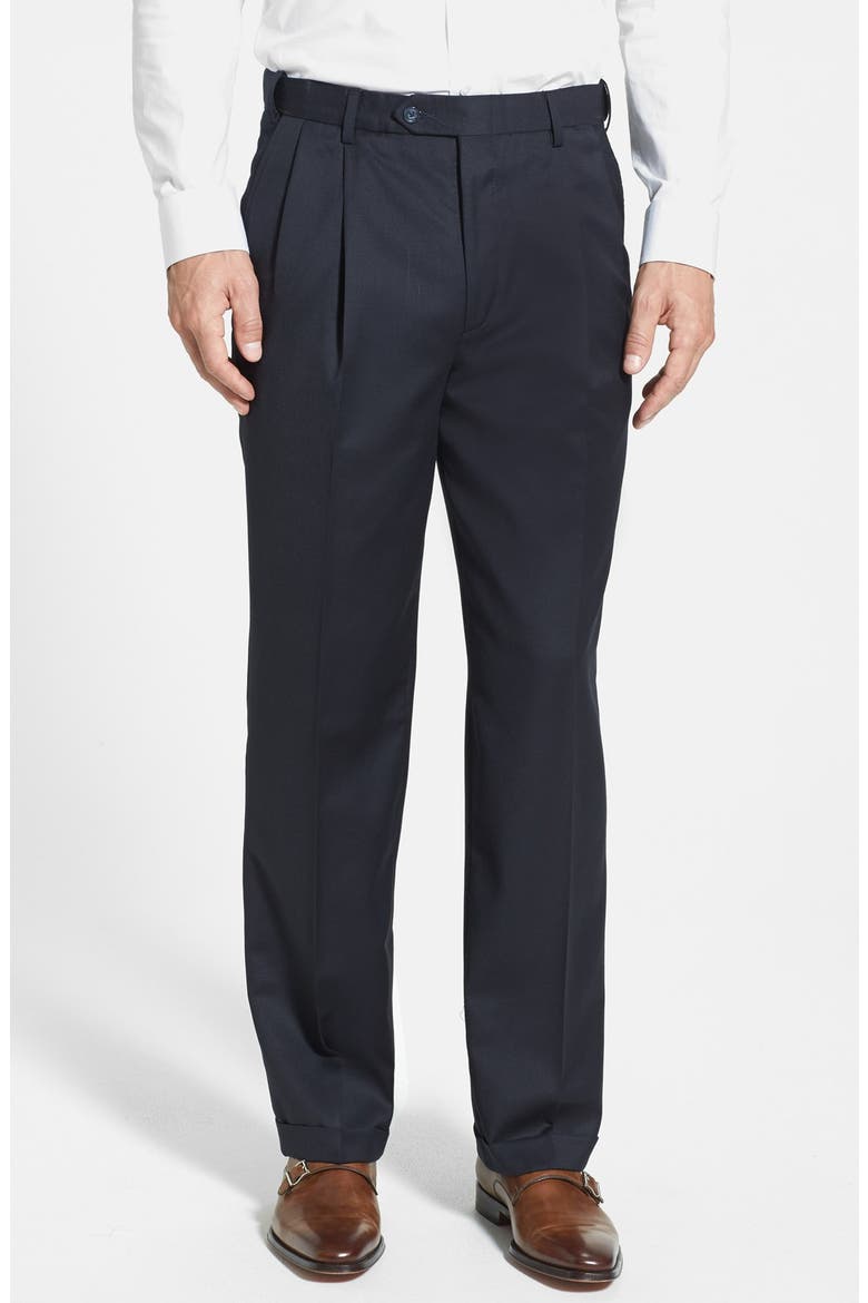 Self Sizer Waist Pleated Classic Fit Wool Gabardine Dress Pants, Main, color, NAVY