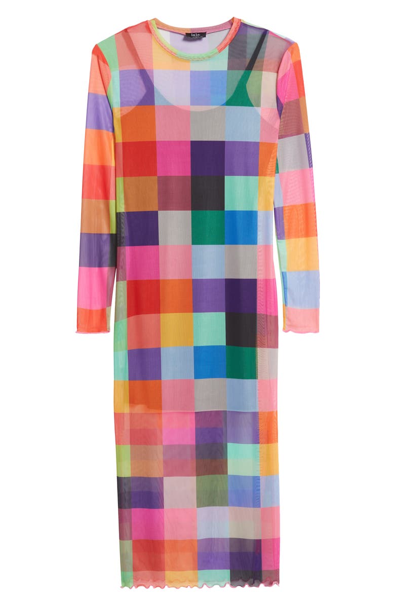 Dressed in Lala Mad About You Long Sleeve Mesh Midi Dress, Alternate, color, Multicolor Check