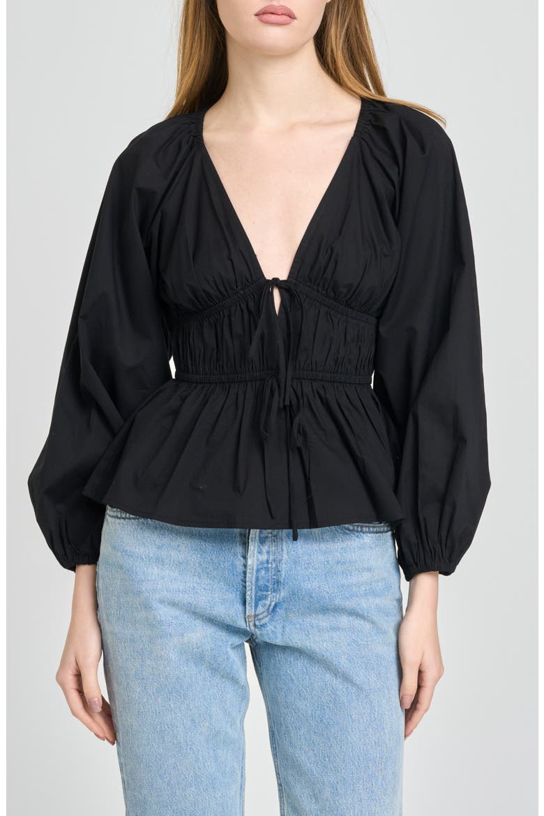 Jess Drawstring Stretch Cotton Poplin Top, Main, color, BLACK