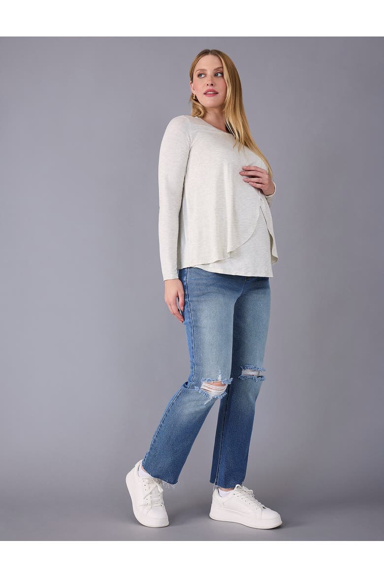 Crewneck Long Sleeve Draped Nursing Tee, Alternate, color, Heather Oatmeal
