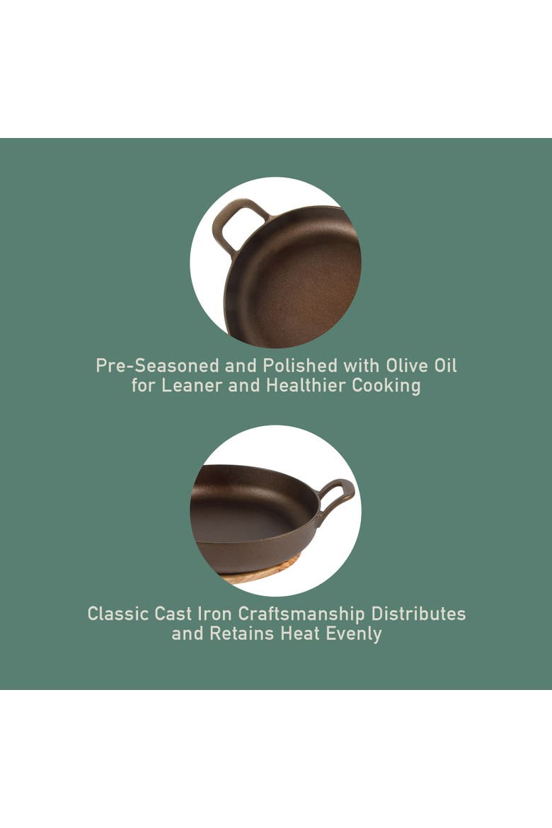 Natural Bronze Finish Cast Iron Skillet with Long Handle, Helper Handle & Olive Wood Trivet, Alternate, color, Natural Bronze
