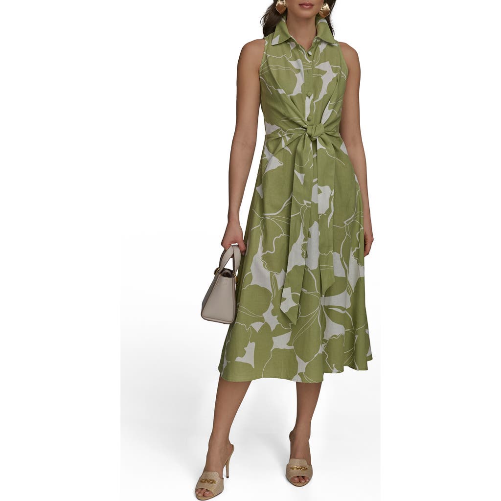 Shop Donna Karan New York Sleeveless Linen Blend Shirtdress In Kiwi/cream