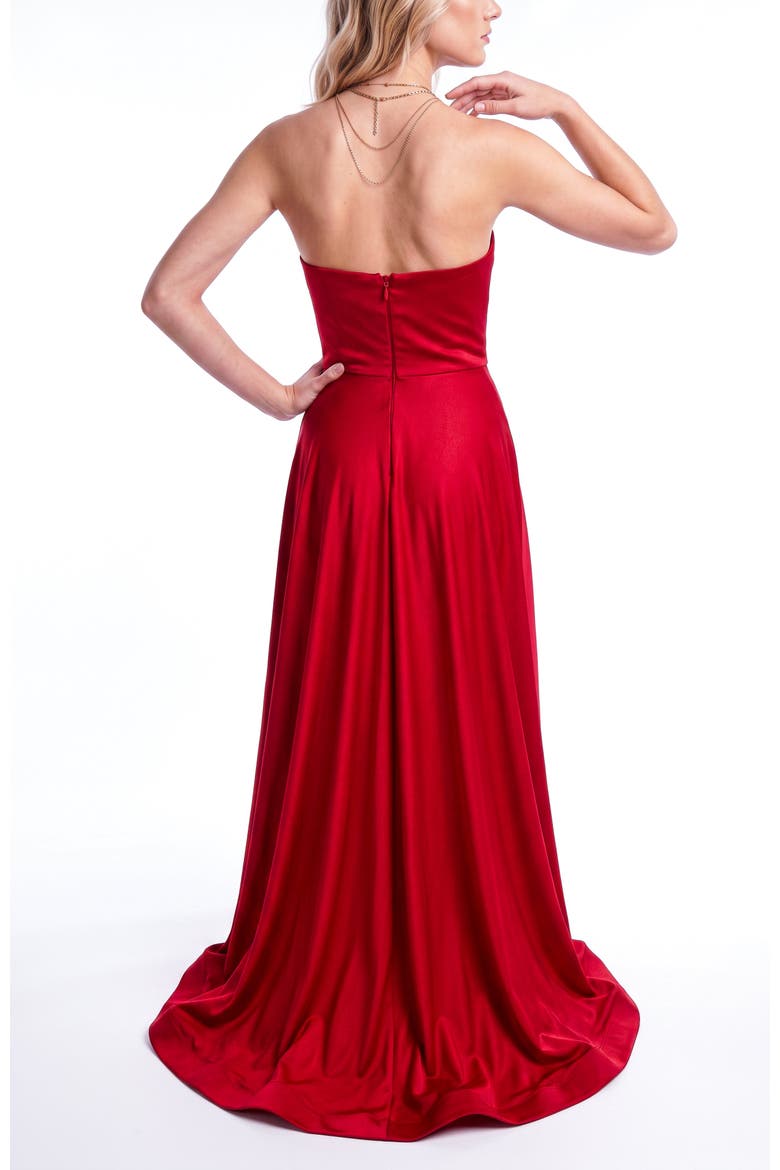 Strapless Ruched Sweetheart Side Slit Evening Gown, Alternate, color, Red