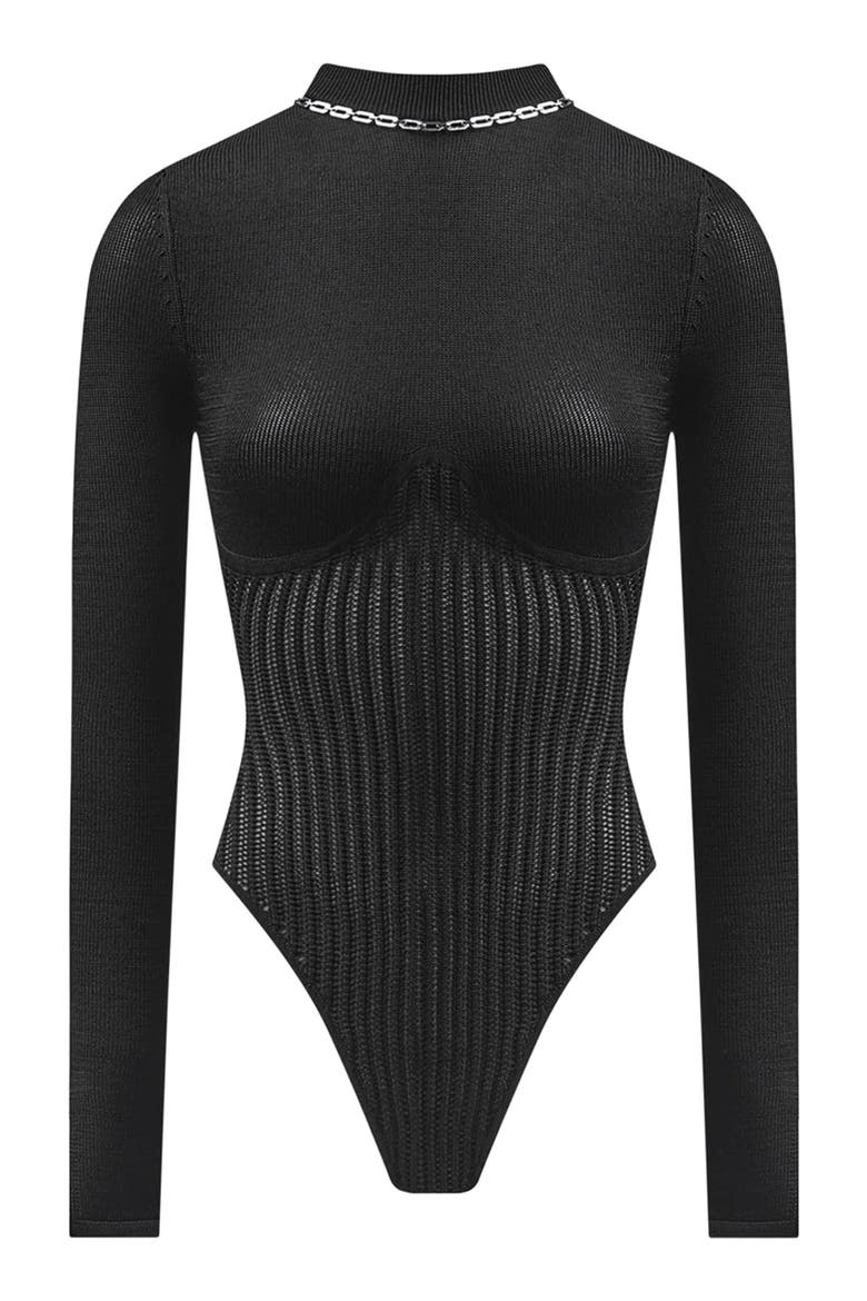 Contour Knit Bodysuit with Chain, Alternate, color, Black