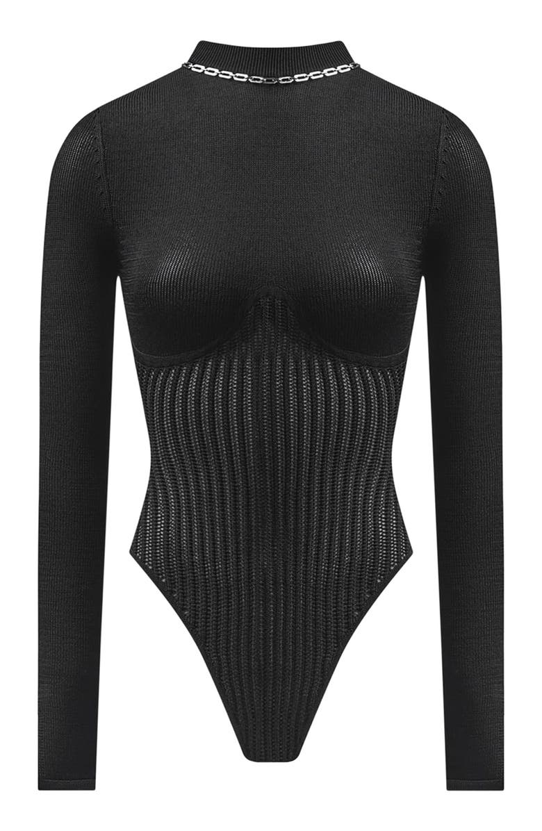 Manière De Voir Contour Knit Bodysuit with Chain, Alternate, color, Black