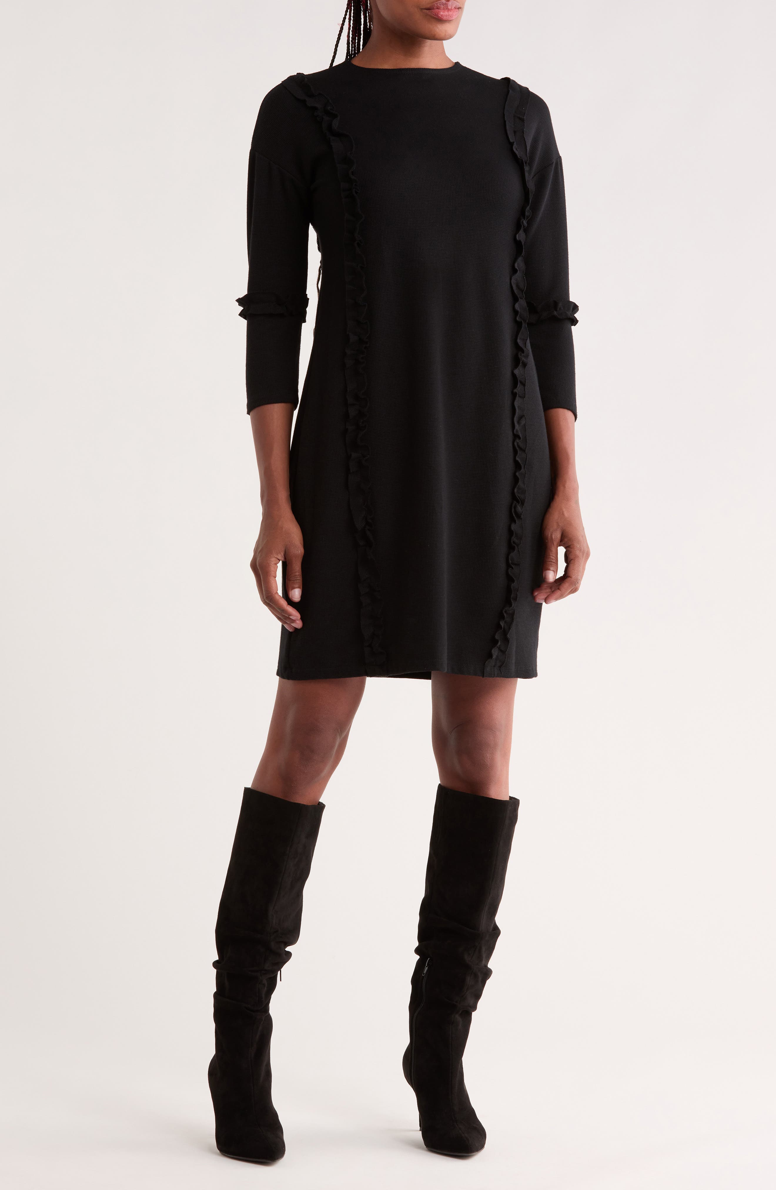 Long Sleeve Ruffle Trim Knit Dress