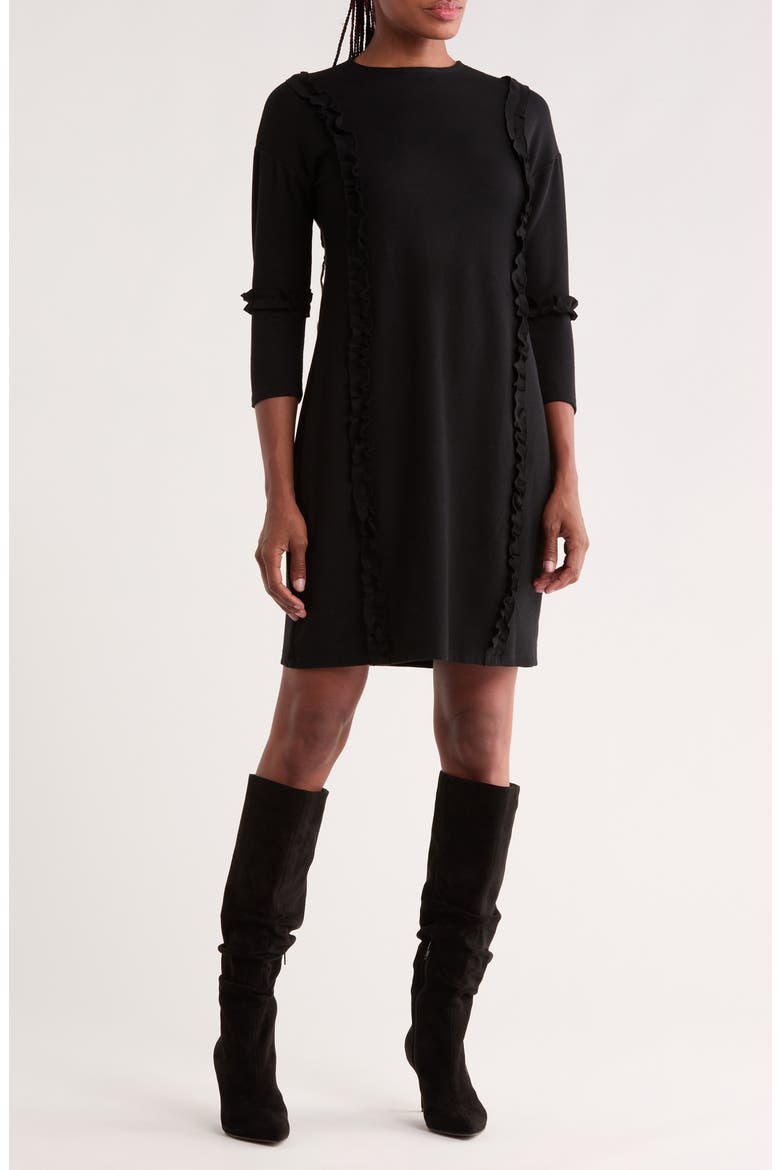 Long Sleeve Ruffle Trim Knit Dress, Main, color, TWO TONE BLACK