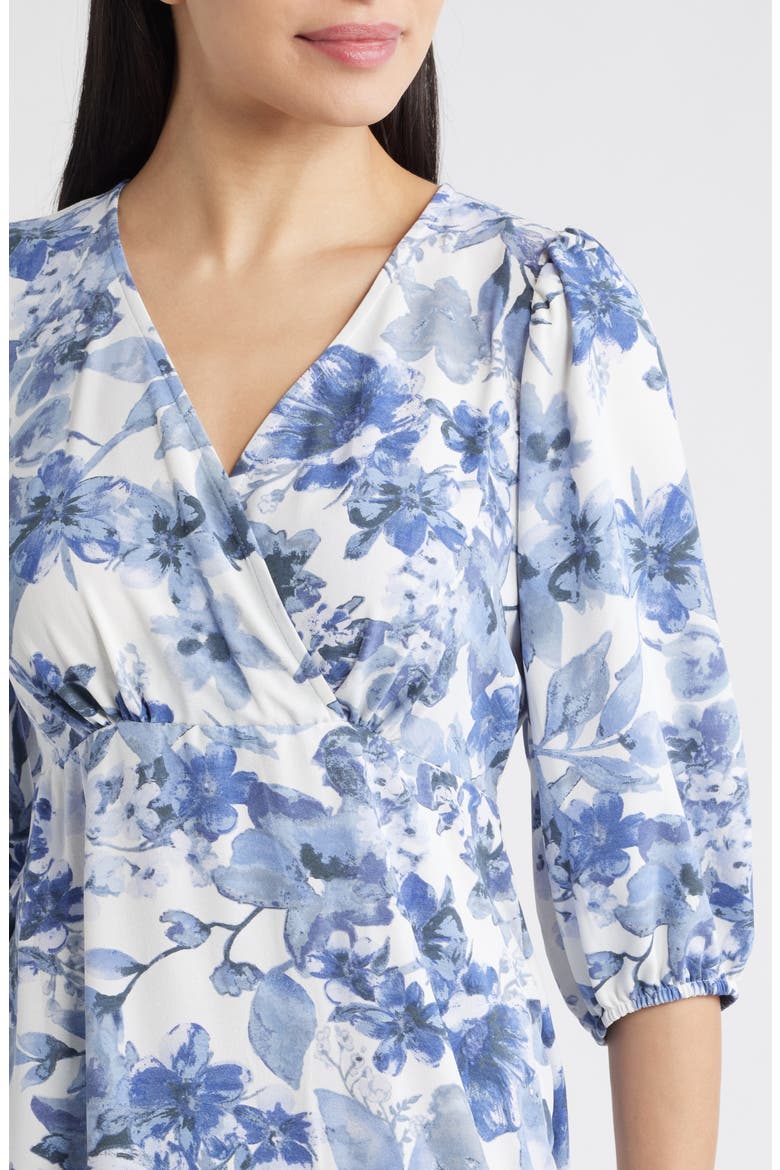 Floral Print Puff Shoulder Midi Dress, Alternate, color, BLUE