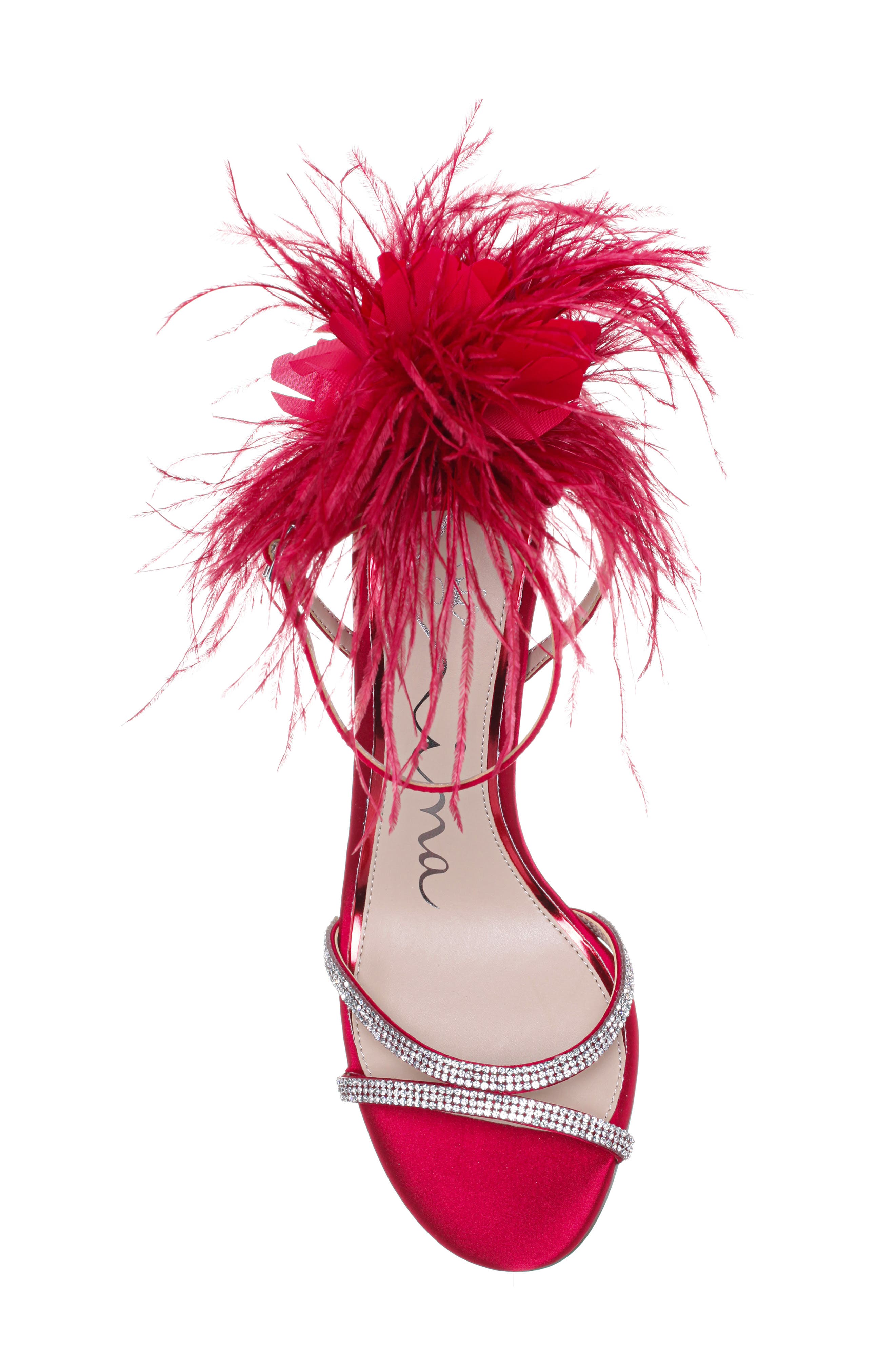 Nina Demi Faux Feather Ankle Strap Sandal, Alternate, color, Red