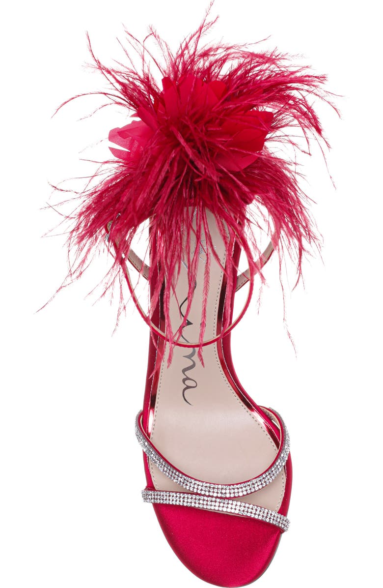 Nina Demi Faux Feather Ankle Strap Sandal, Alternate, color, Red