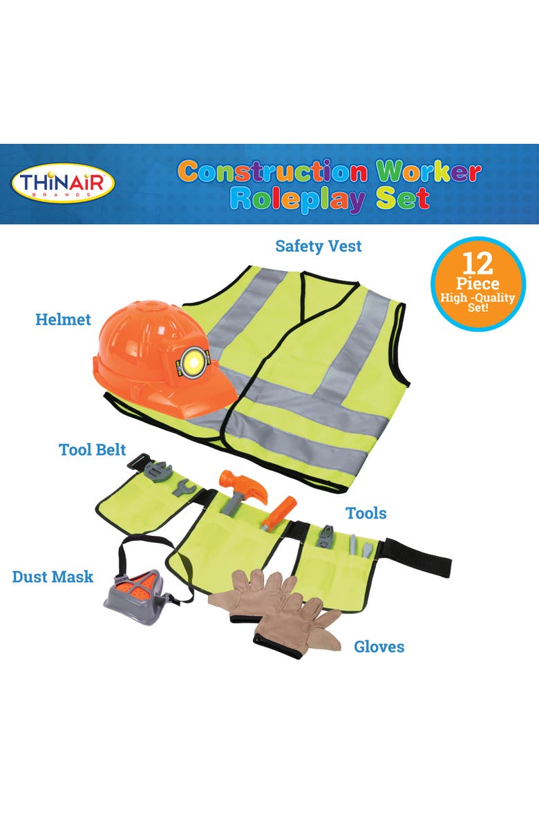 Playful Minds Construction Worker Set, 12 Piece Costume, Ages 3+, Alternate, color, Multicolored