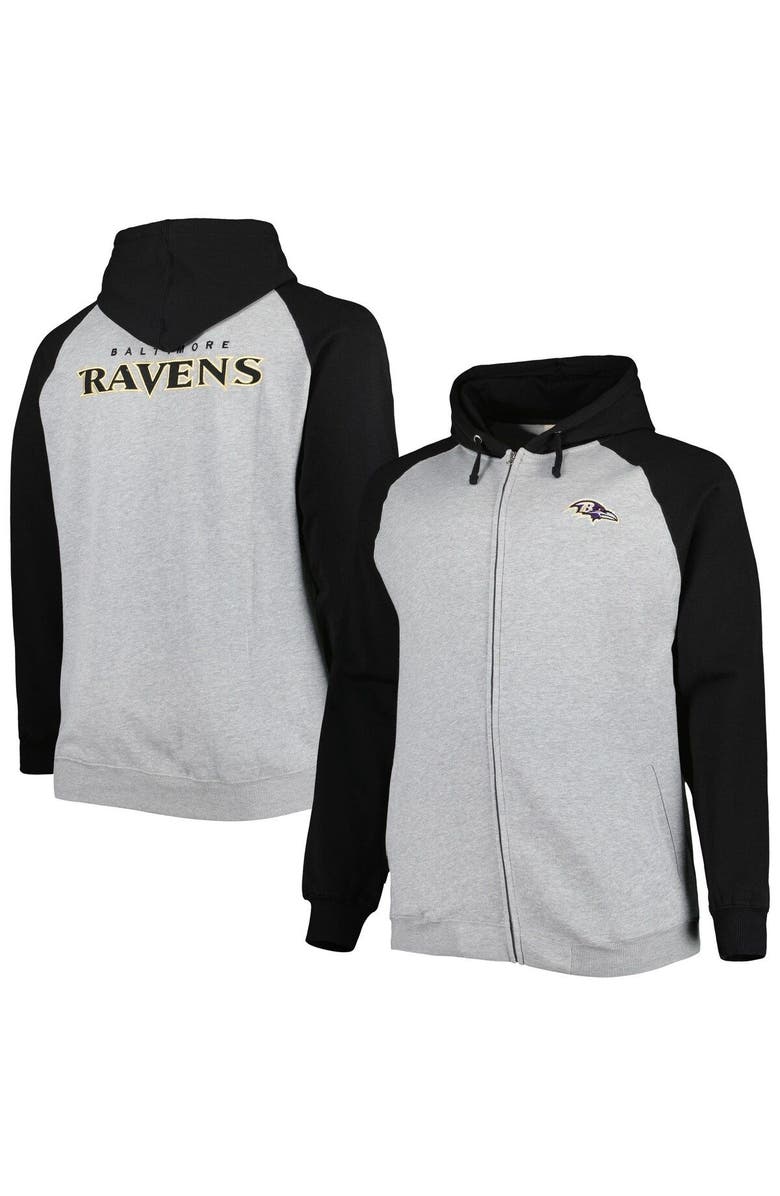 PROFILE Men's Heather Gray Baltimore Ravens Big & Tall Fleece Raglan Full-Zip Hoodie Jacket, Main, color, 