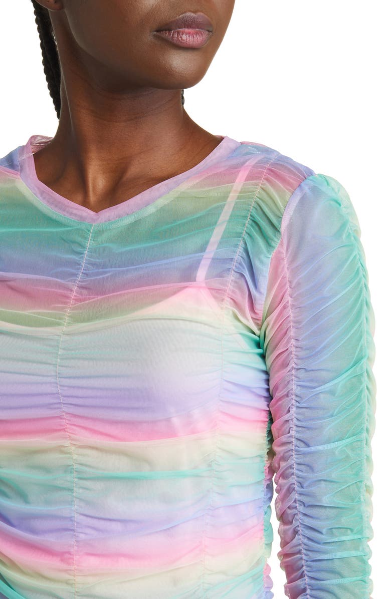 Dressed in Lala Ruched Mesh Long Sleeve Midi Dress with Slip, Alternate, color, 