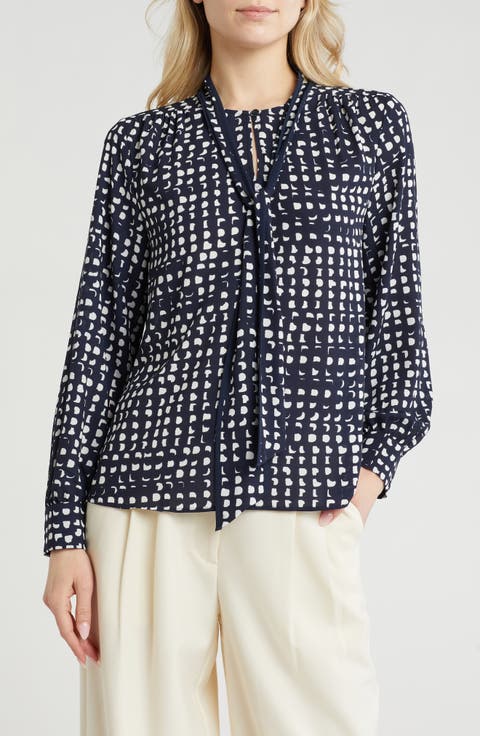 Geo Print Tie Neck Crepe Top