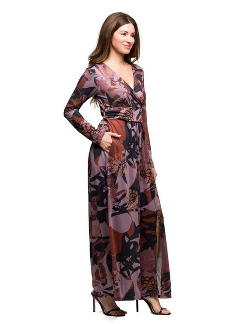 24seven Comfort Apparel Floral Print Long Sleeve Wrap Maxi Dress In Brown