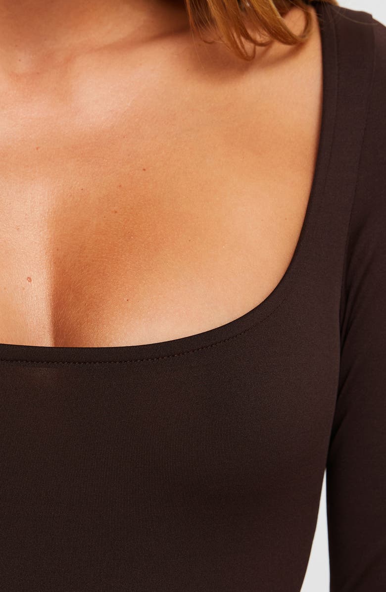 Princess Polly Ellery Wide Scoop Neck Long Sleeve Bodysuit, Alternate, color, Brown