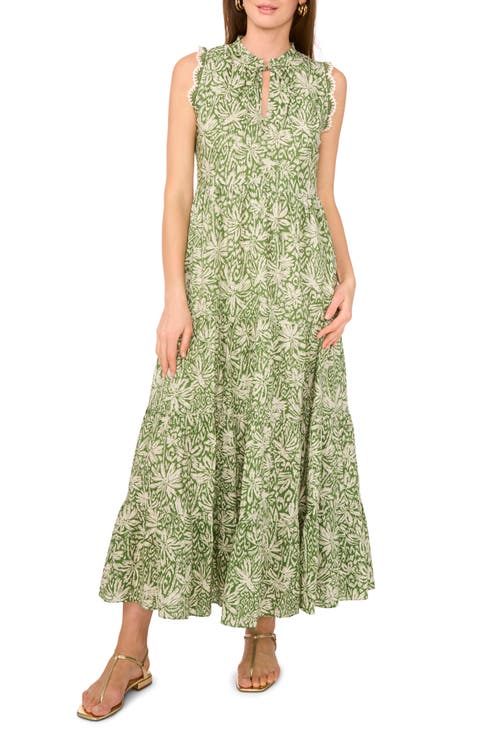 Tie Neck Tiered Cotton Maxi Dress