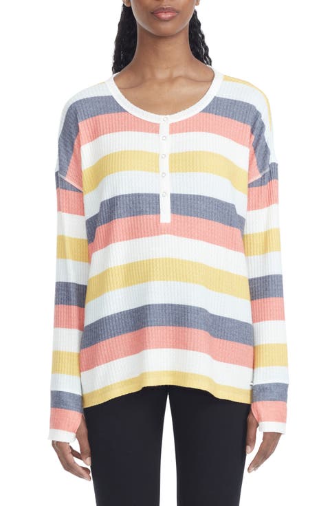 Stripe Long Sleeve Waffle Knit High-Low Top