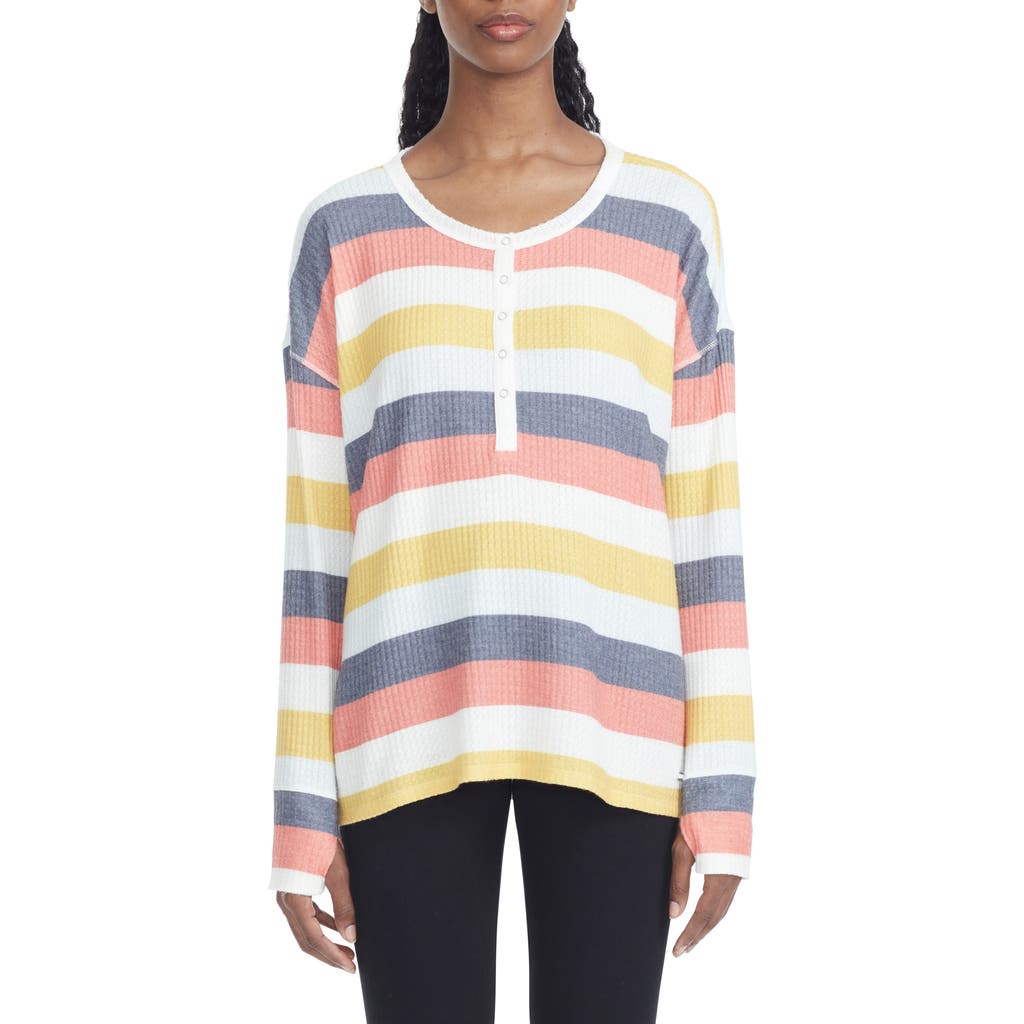 Andrew Marc Stripe Long Sleeve Waffle Knit High-low Top In Glow