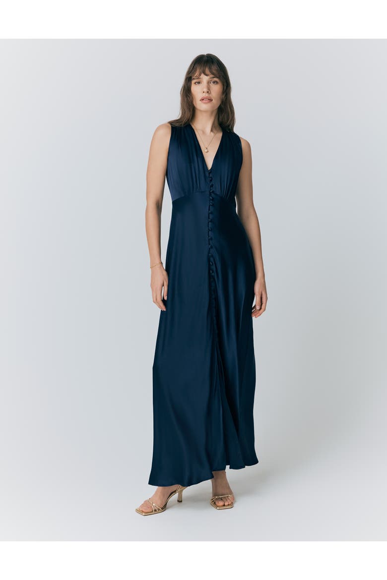 River V Neck Button Satin Maxi Dress, Main, color, Navy
