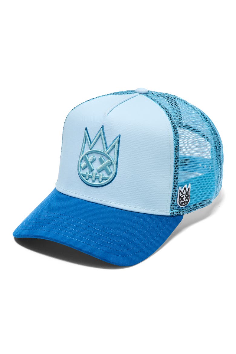 Shimuchan Logo Colorblock Trucker Hat, Main, color, BLUE GLOW