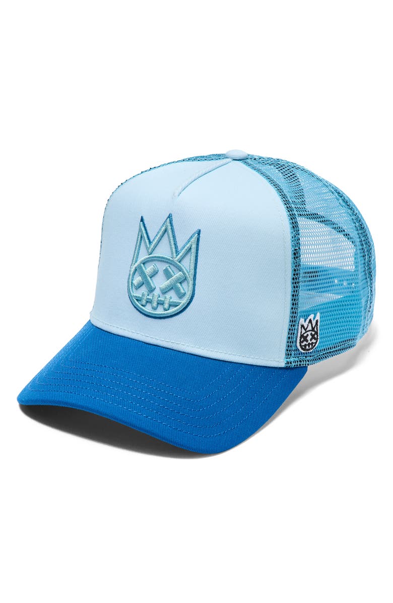 Cult of Individuality Shimuchan Logo Colorblock Trucker Hat, Main, color, Blue Glow