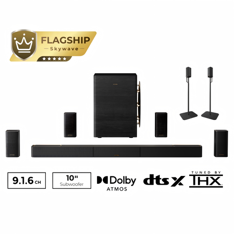 Skywave Series 9.1.6 Wireless Sound Bar, 10" Subs, THX-Tuned, Dolby Atmos, DTS:X, 18Hz Low Frequency, 1500W + Steady 400