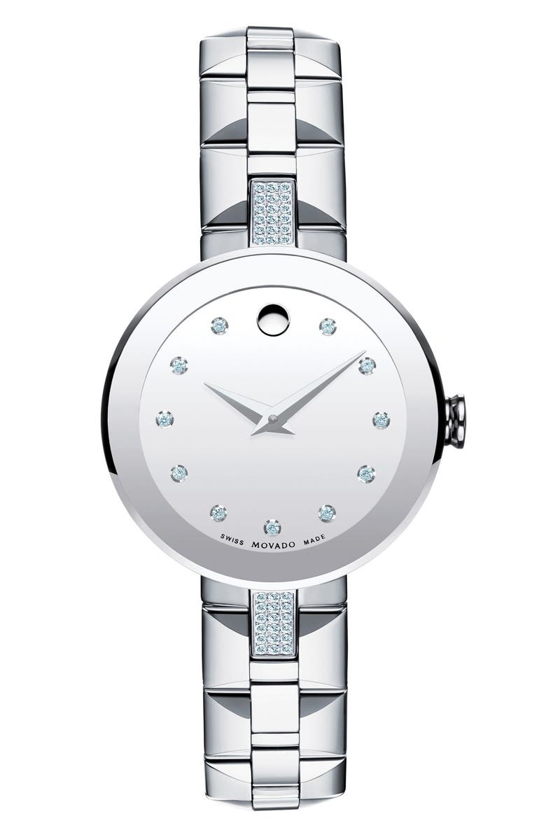 Movado 'Sapphire' Diamond Mirror Dial Bracelet Watch, 28mm, Main, color, 