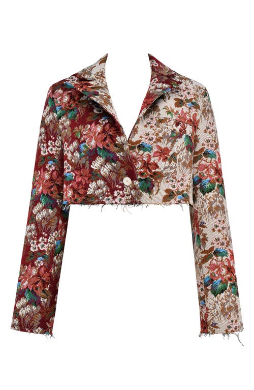 Shop Mistress Rocks Floral Jacquard Crop Blazer In Burgundy Multicolor