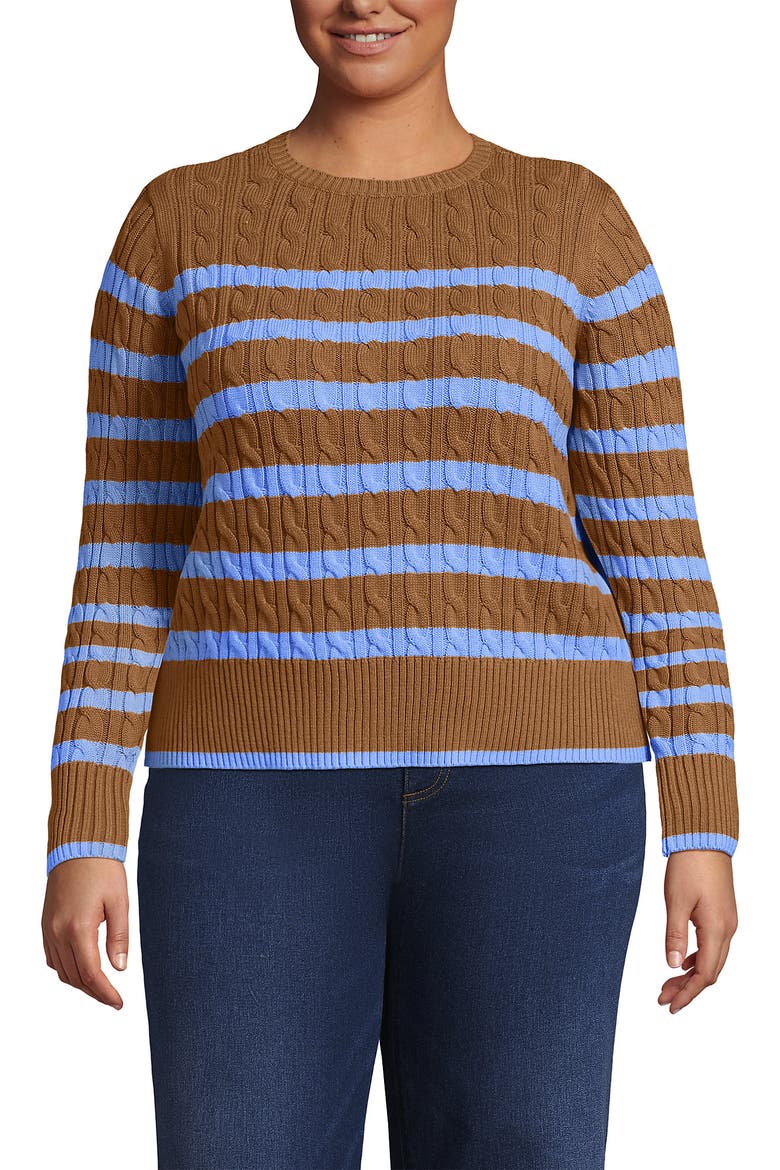 Plus Size Drifter Modern Cable Crew Sweater, Alternate, color, Canyon Camel/Blue Stripe