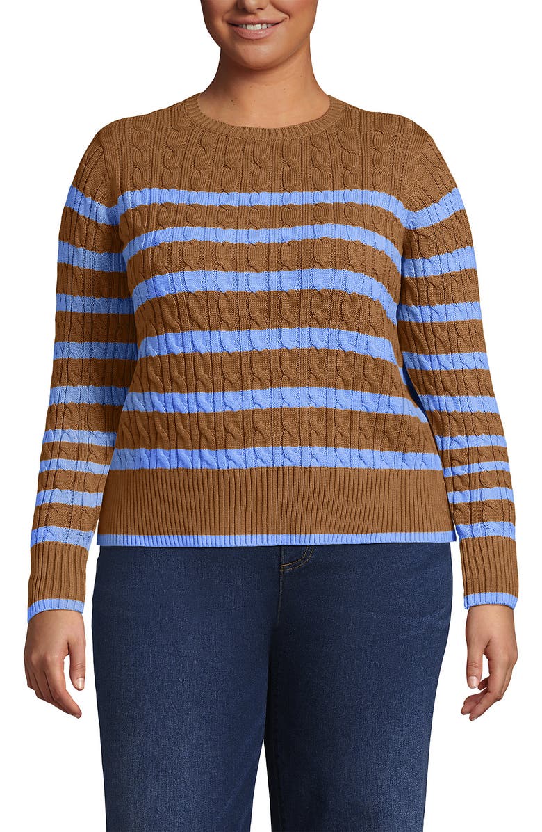 Lands' End Drifter Modern Cable Crew Sweater, Alternate, color, Canyon Camel/Blue Stripe