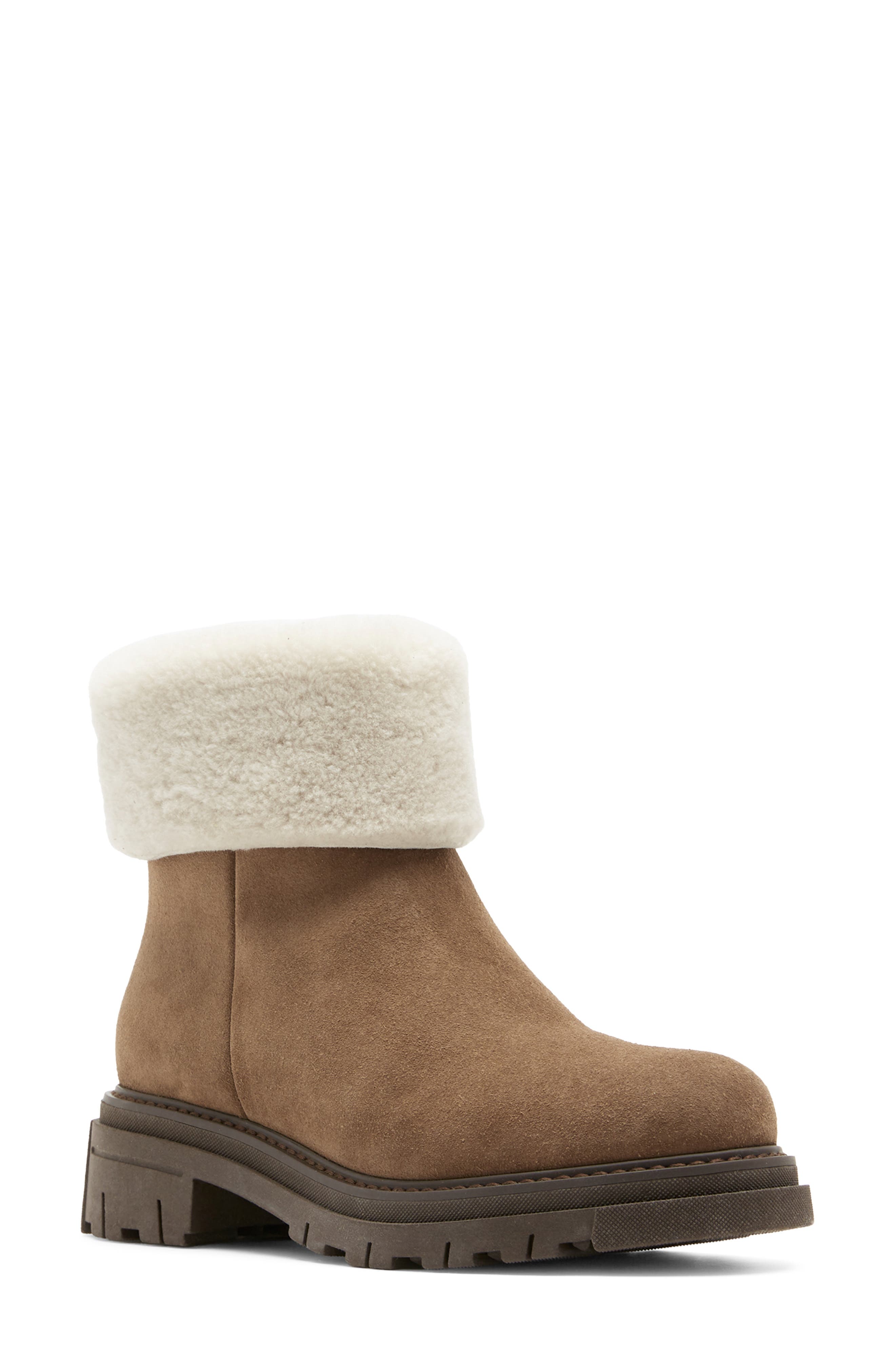 Dwayne Waterproof Genuine Shearling Cuff Bootie, Main, color, TOAST SUEDE