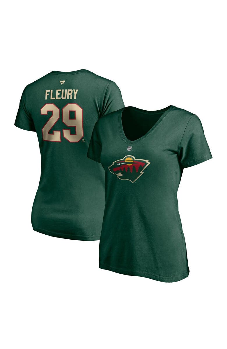 FANATICS Women's Fanatics Branded Marc-Andre Fleury Green Minnesota Wild Authentic Stack Name & Number V-Neck T-Shirt, Main, color, 