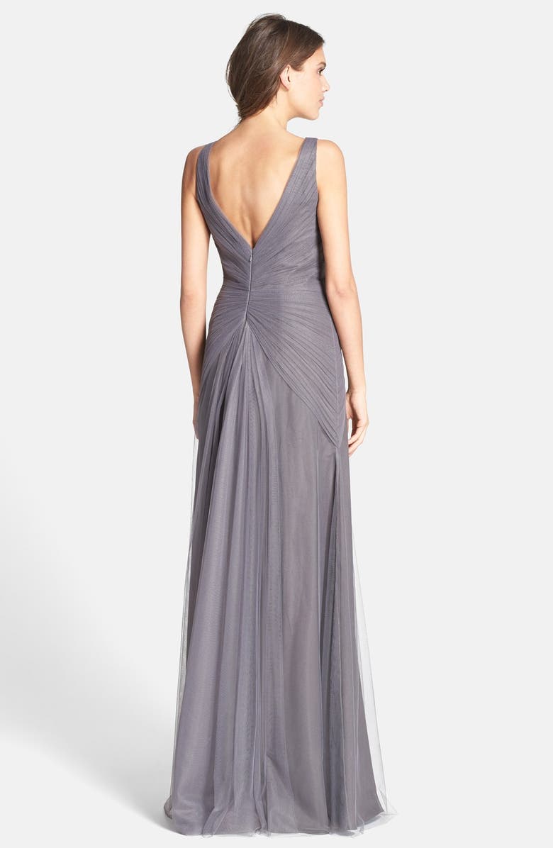 Monique Lhuillier Bridesmaids V-Neck Shirred Tulle Gown, Alternate, color,