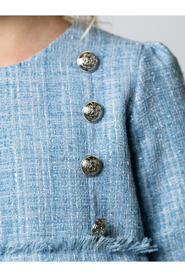 Bluebell Pearl Button Tweed Party Dress, Alternate, color, Blue