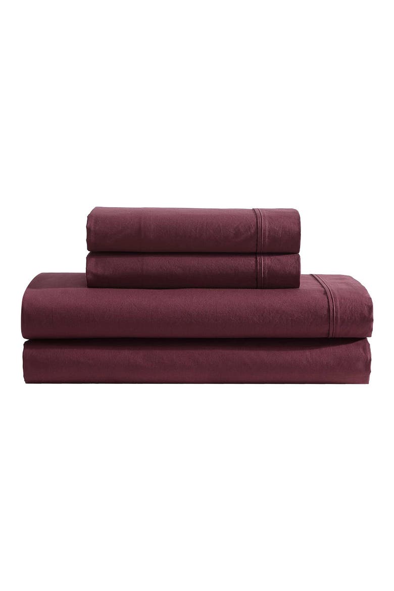 Garment Washed Cotton Percale 200 Thread Count Sheet Set, Main, color, DARK RED