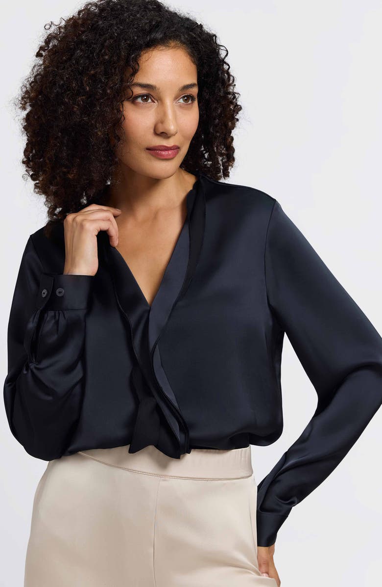 Foxcroft Rosale Ruffle Placket Button-Up Shirt, Alternate, color, Black