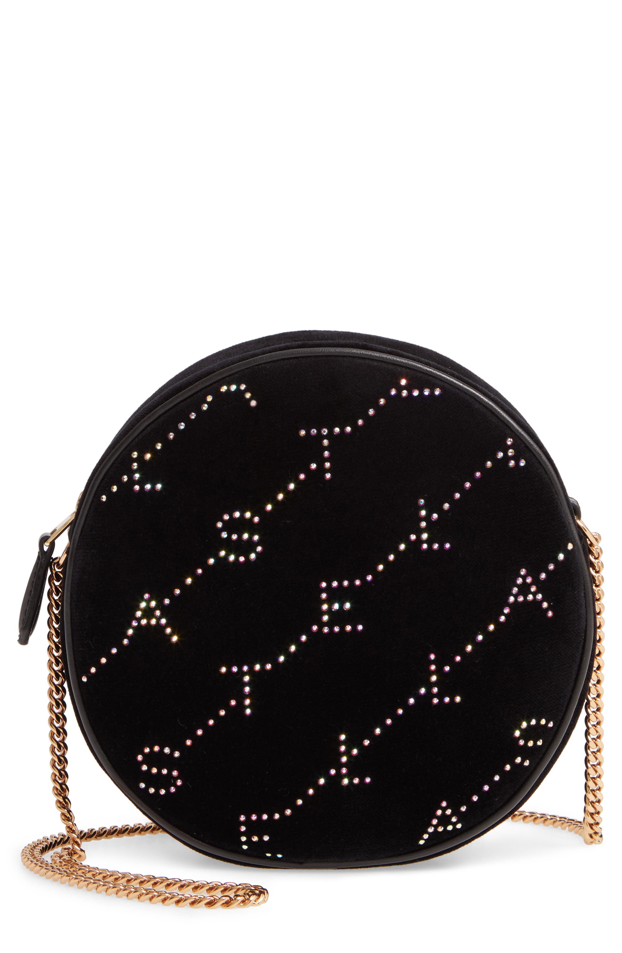 Stella McCartney Crystal Monogram Velvet Circle Crossbody Bag, Main, color, 