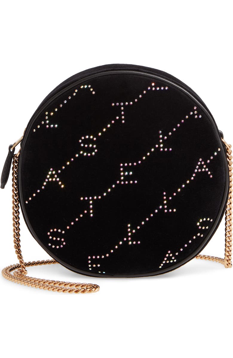Stella McCartney Crystal Monogram Velvet Circle Crossbody Bag, Main, color,
