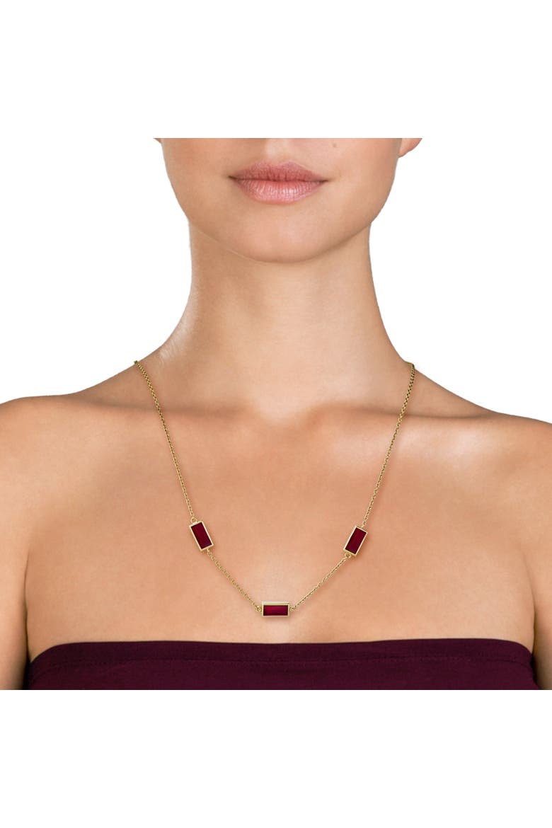 Three Station Rectangle Dash Necklace In Sterling 18K Gold Overlay, Alternate, color, RED