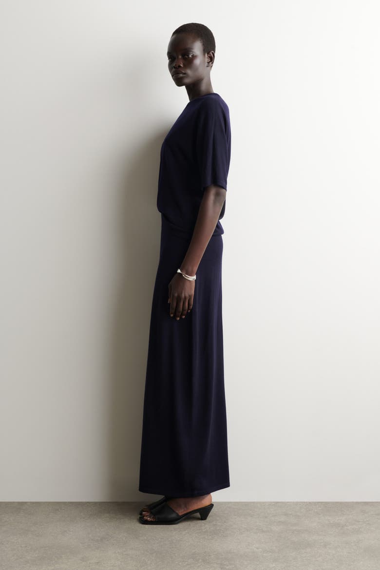 Rounded Merino Wool Midi Skirt, Alternate, color, NAVY