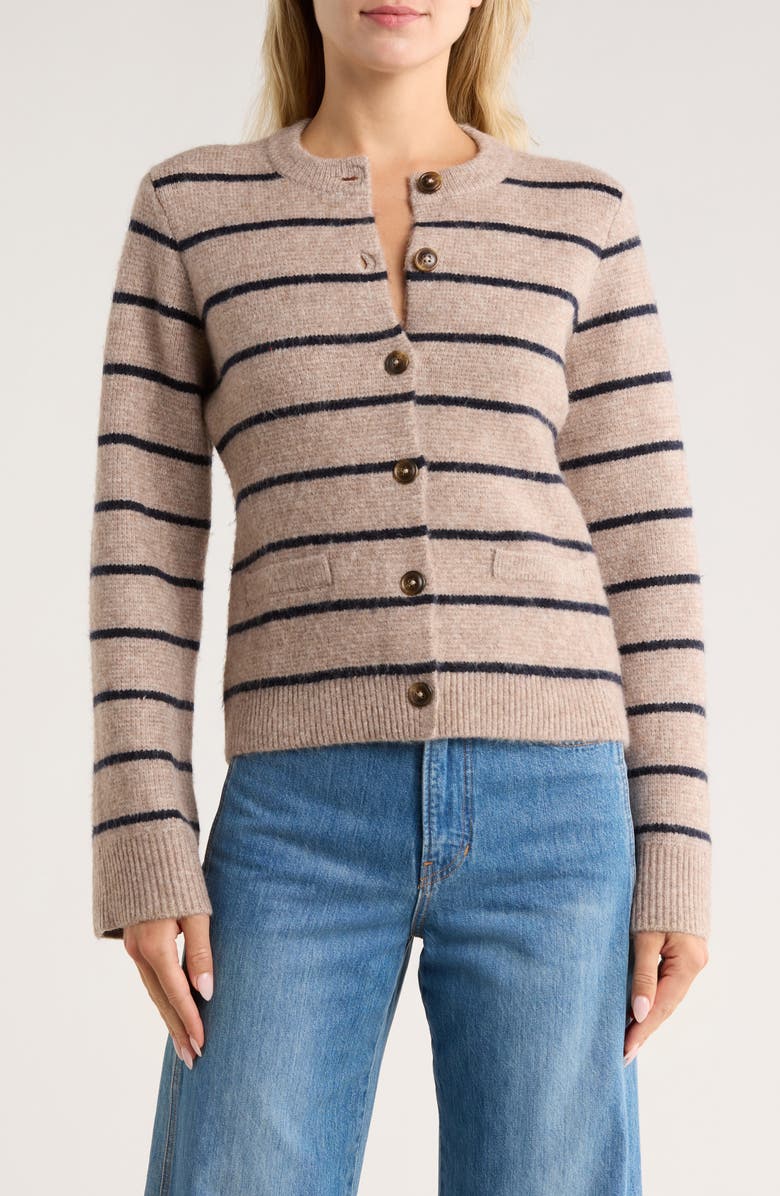 French Connection Structured Stripe Cardigan, Main, color, Biscotti/ Navy