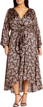 City Chic Tie Front Long Sleeve High/Low Maxi Dress