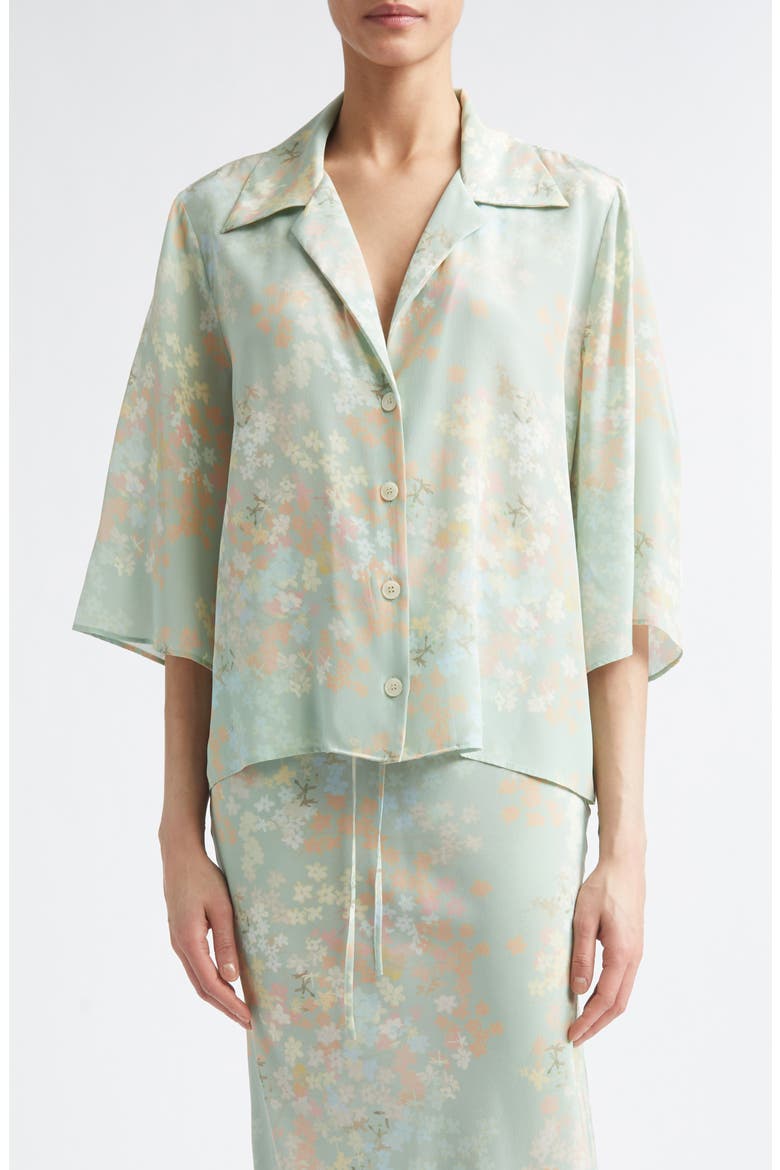 Petit Beurre Jasmine on Mint Print Silk Button-Up Camp Shirt, Main, color, JASMINE/ MINT