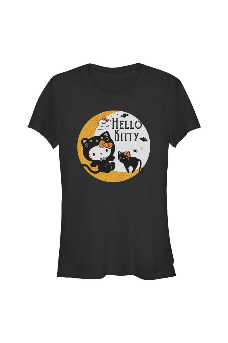 Junior's Hello Kitty Halloween Black Cat and Moon  Graphic T-Shirt, Main, color, Black