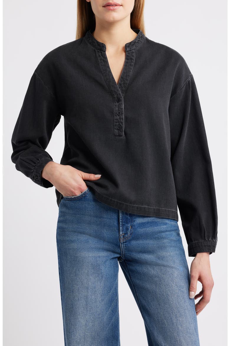 Shirred Cotton-Blend Denim Top, Main, color, NOCTURNE NIGHT WASH
