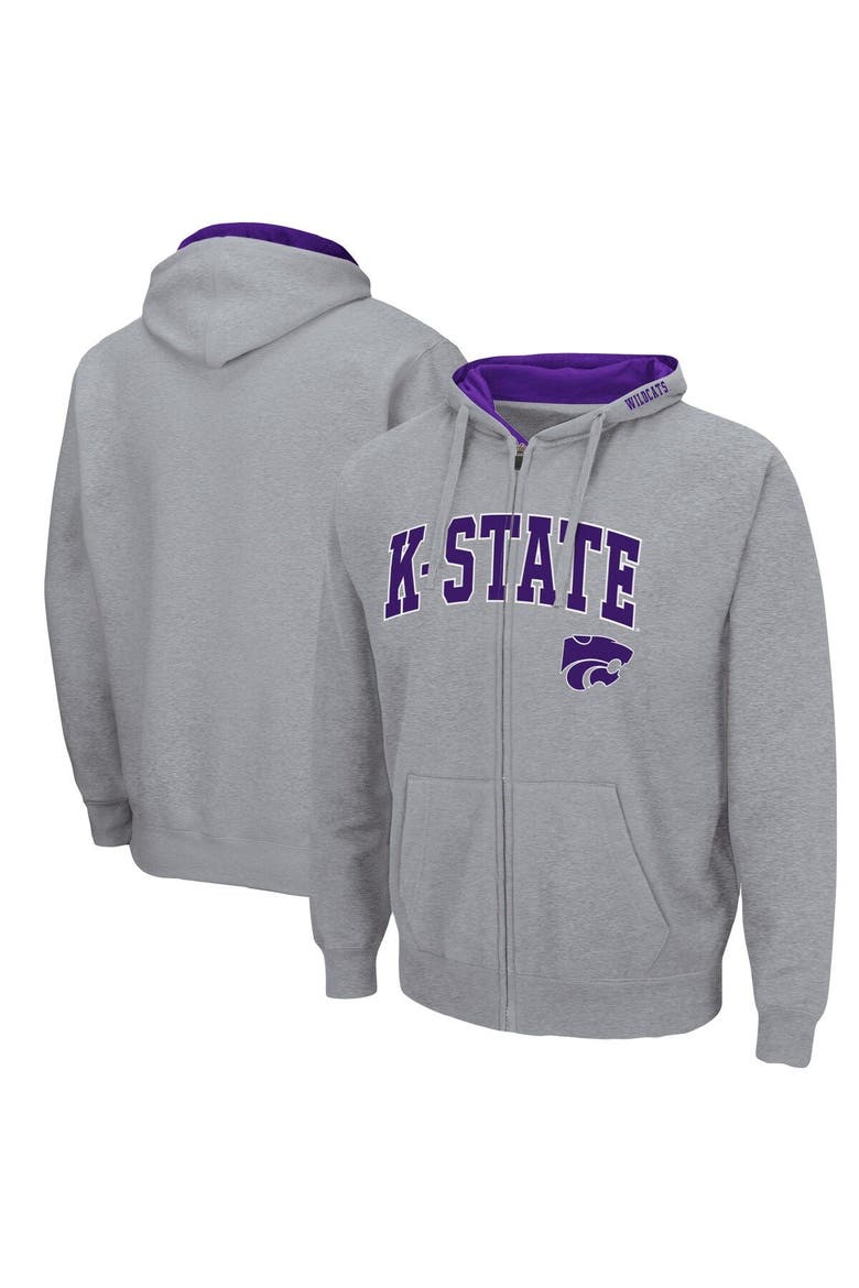 Men's Colosseum Heathered Gray Kansas State Wildcats Arch & Logo 3.0 Full-Zip Hoodie, Main, color, Heather Gray